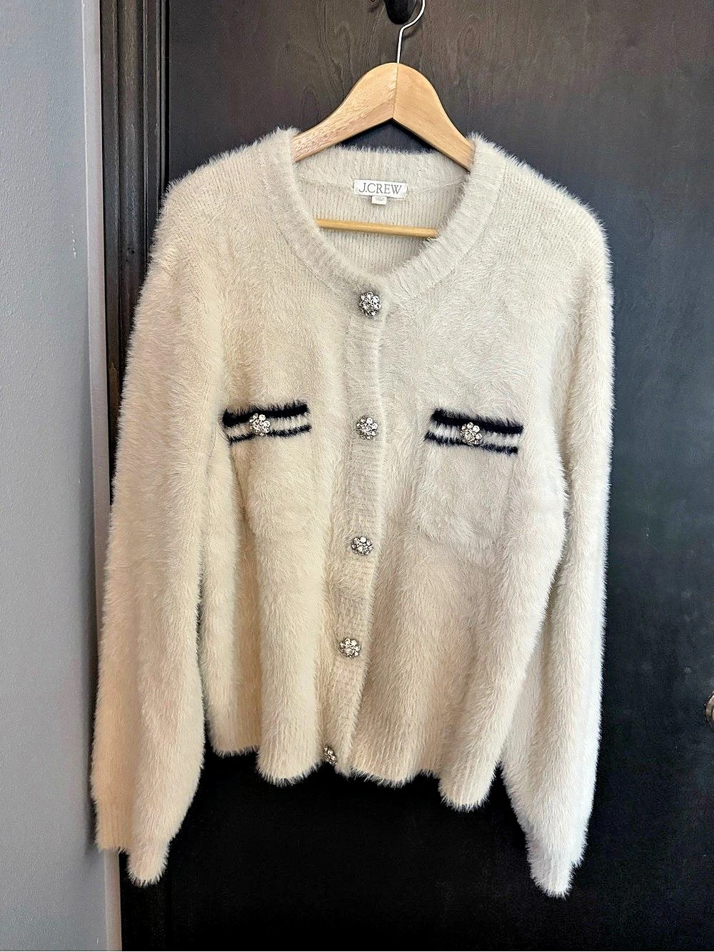 J.Crew Fuzzy eyelash Cardigan in Cream with rhinestone embellishment Like New